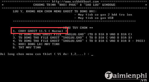 Bước 5: Một giao diện DOS nữa sẽ xuất hiện, hãy nhấn số 1 và hệ thống sẽ tự động chuyển bạn vào giao diện của phần mềm GHOST.