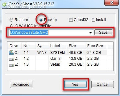 Bước 3: Nếu như trên máy của bạn chưa lưu file Ghost nào, bạn tiến hành tao file Ghost luôn đề phòng trường hợp hệ điều hành bị lỗi bằng cách.