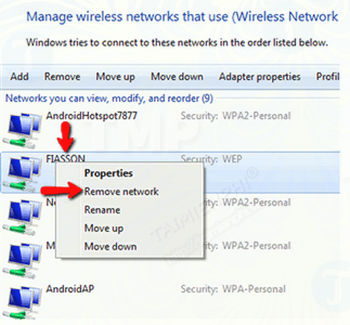 Bước 2: Kích chuột phải vào mạng Wifi của bạn, chọn Remove network như hình dưới đây.