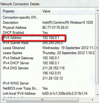 Bước 2: Trên màn hình sẽ hiển thị hộp thoại Network Connection Details, tại đây bạn tìm và lưu lại địa chỉ IPv4 default address.