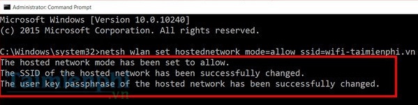 Bước 2: Trong Command Prompt bạn gõ theo cú pháp câu lệnh như sau: netsh wlan set hostednetwork mode=allow ssid=” tên wifi” key=” mật khẩu”